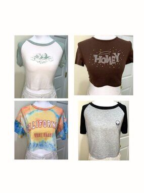 4 Shein Women Cropped Graphic Tees Multi Color Size Medium Short Sleeves